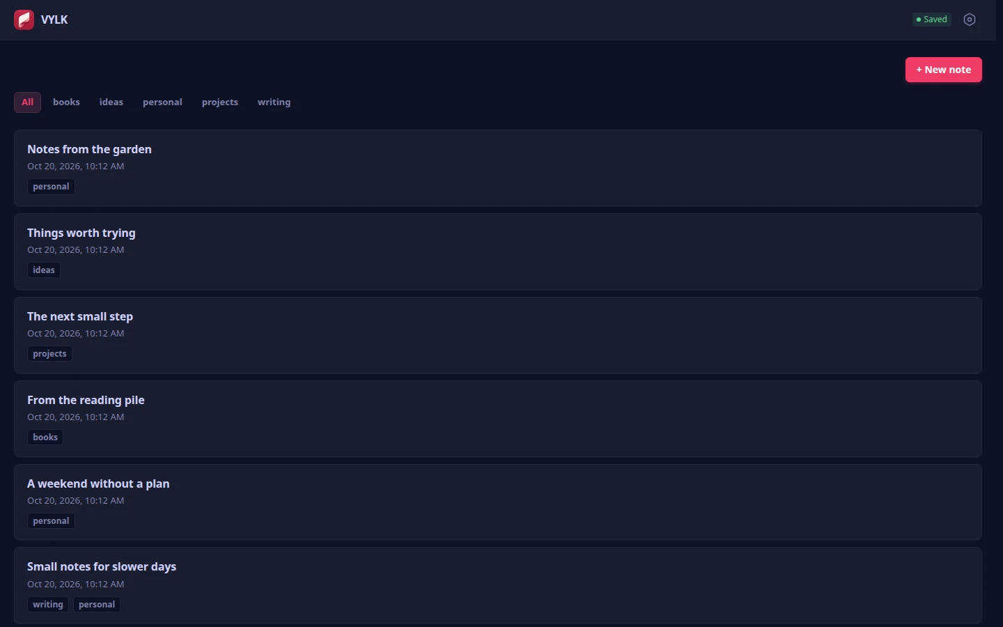 VYLK dashboard showing a small collection of notes