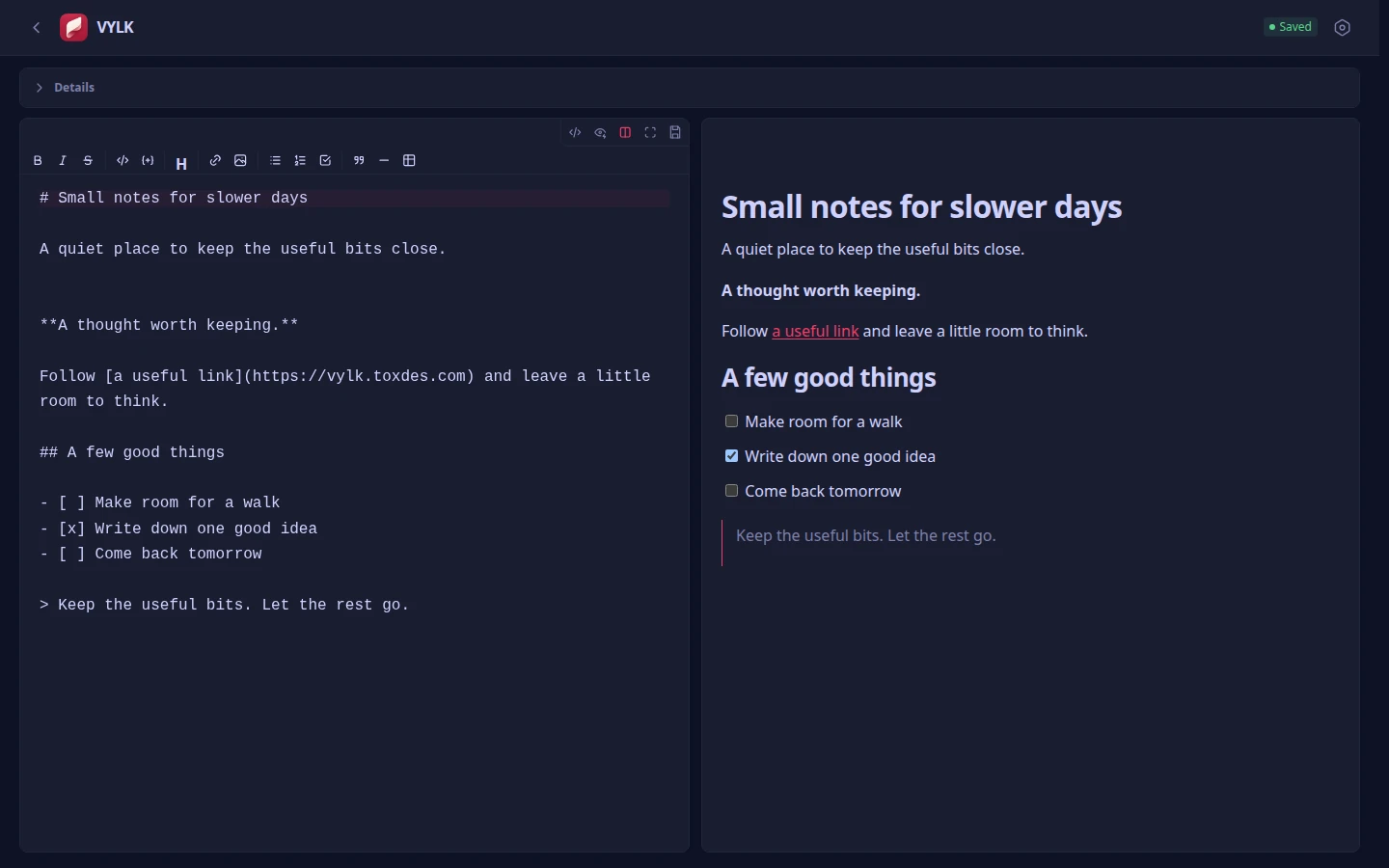 VYLK editor showing a document and rendered preview