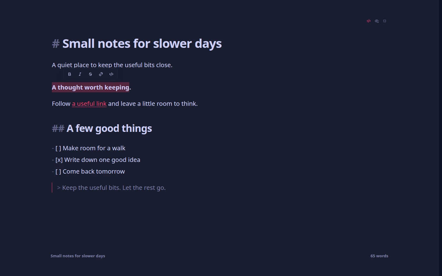 VYLK Zen editor with rendered bold text, a link, and the compact selection toolbar